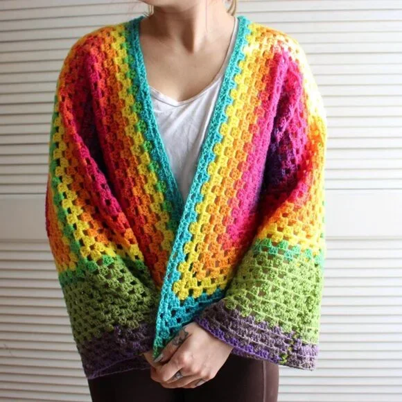 Rainbow Brite Mandala Granny Stitch Crochet Hexagon Open Cardigan - Picture 3 of 5
